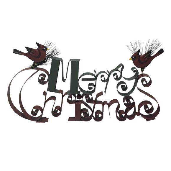 Vintage Homco Red Green Metal Merry Christmas Plaque Sign Cardinals - Picture 1 of 6